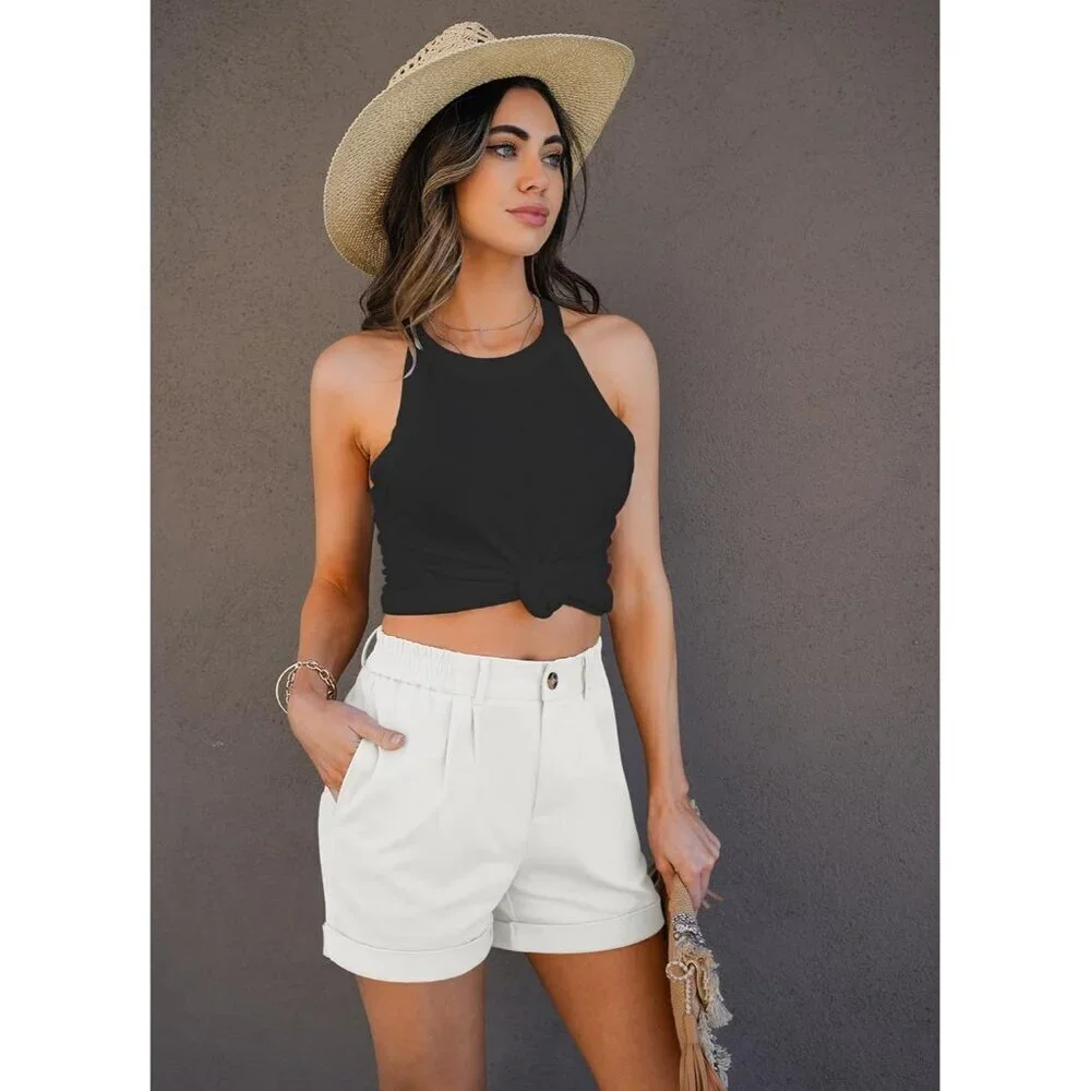 Women's White High Waisted Cotton Stretch Elastic Waist Pleated Summer Shorts